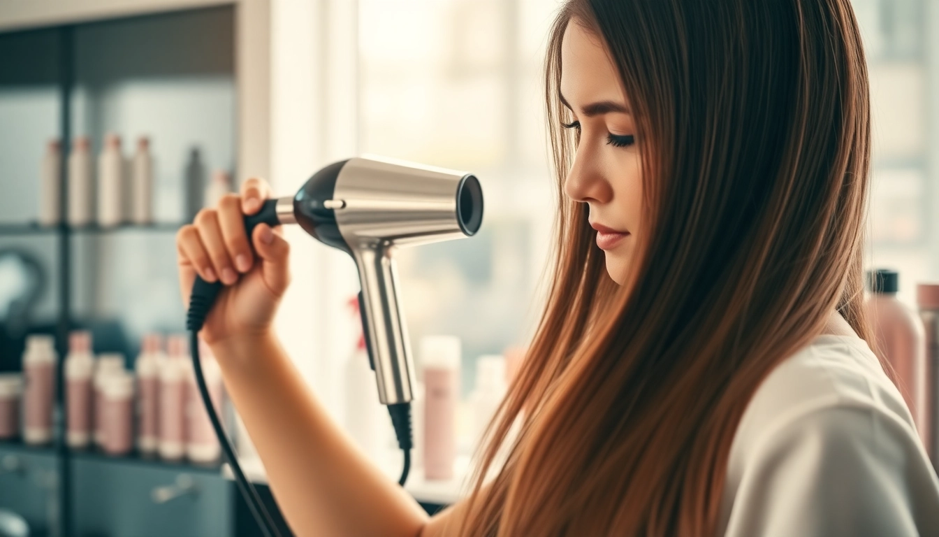 Stylist demonstrating the Ionic blow dryer, creating sleek hair in a salon.