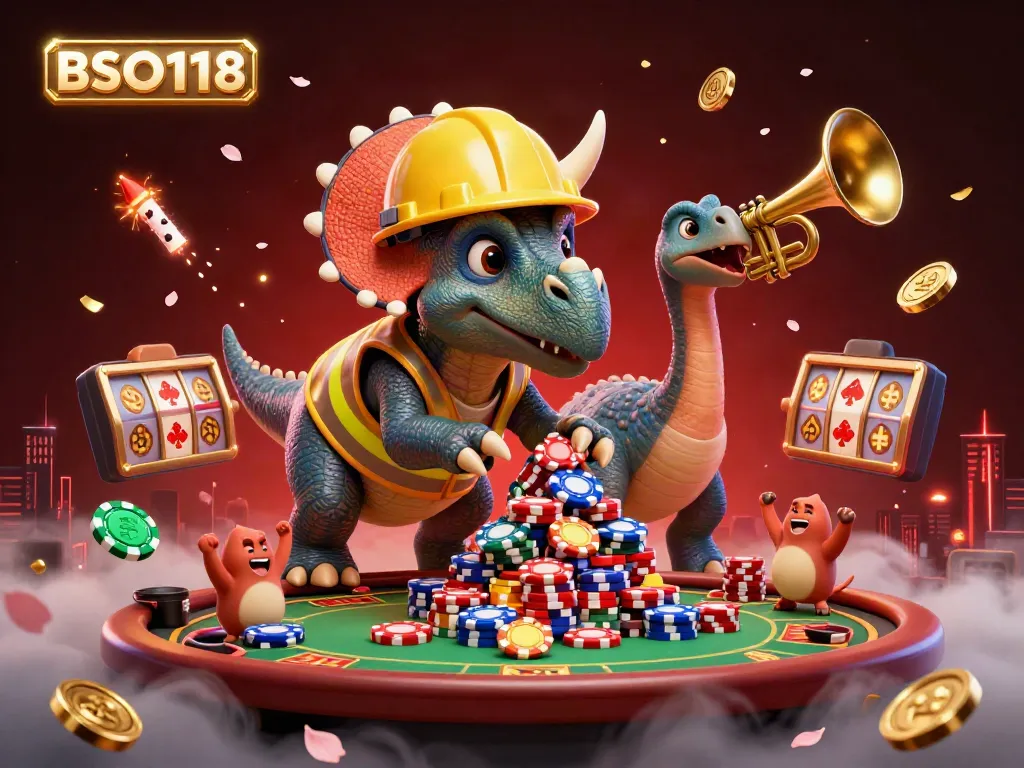 Celebrate winning moments at BSO118 with a vibrant scene of a triceratops building poker chips surrounded by lively casino elements.