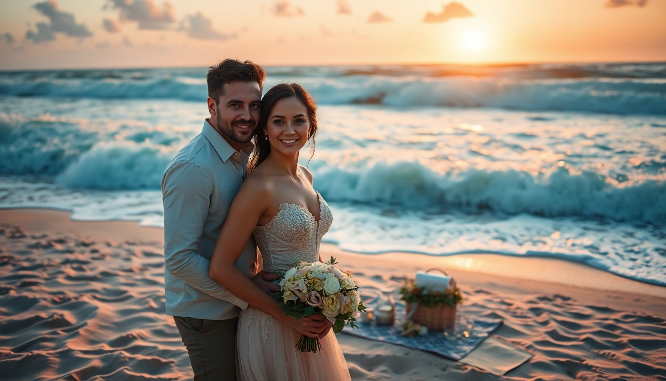 Destination photographer capturing a romantic beach scene during sunset.
