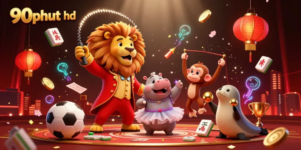 A dynamic scene showcasing 90phut hd with sports betting elements and animated circus characters in a vibrant setting.