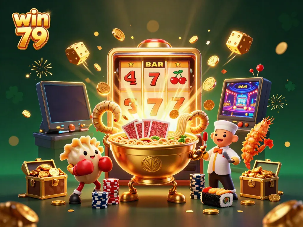 Experience thrilling gameplay with win 79 as a giant golden ramen bowl showcases a vibrant casino scene.