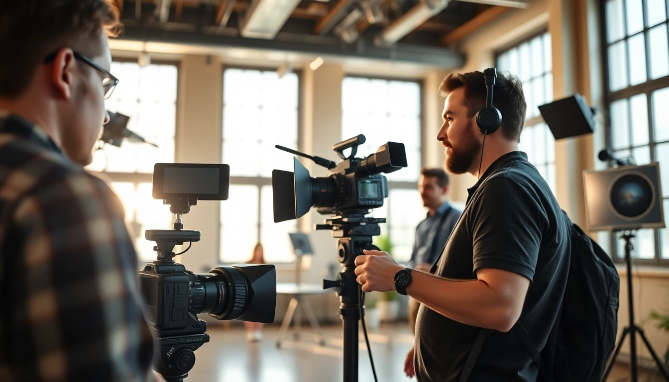 Video production team collaborating in a bright studio setting with cameras and monitors.