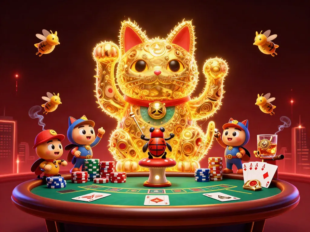Experience the excitement of Rajacuan with vibrant casino elements including golden lucky cat and poker chips.