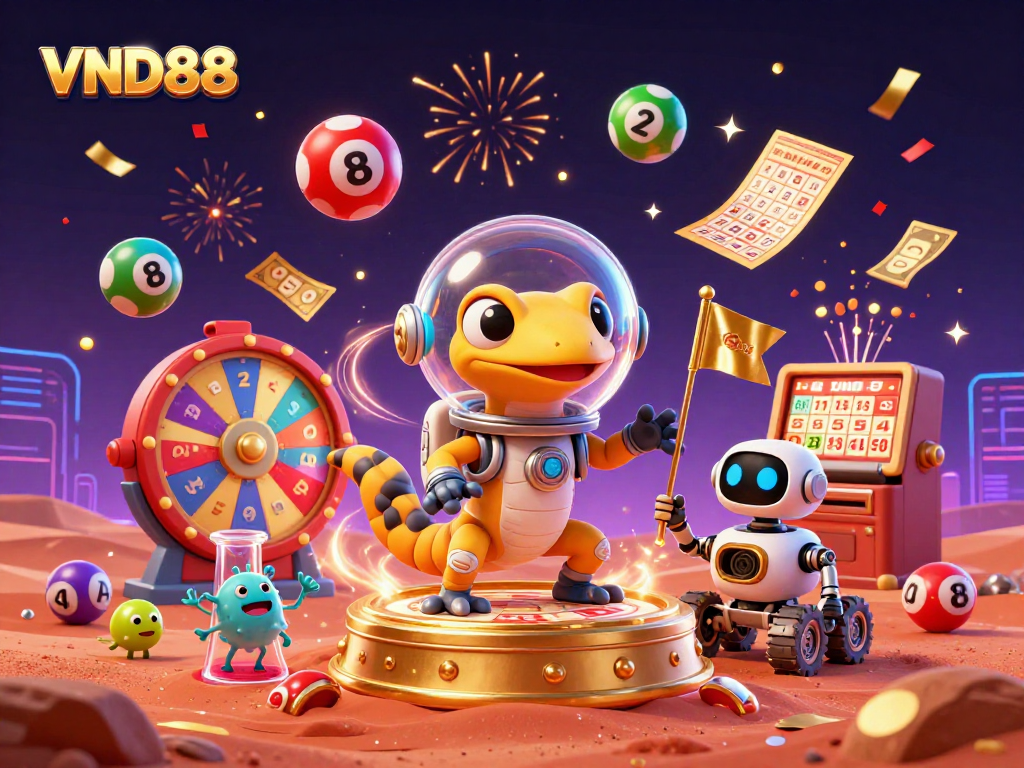 Engaging 3D casino scene promoting VND88 with Martian gecko, robot flagbearer, and festive lottery elements.