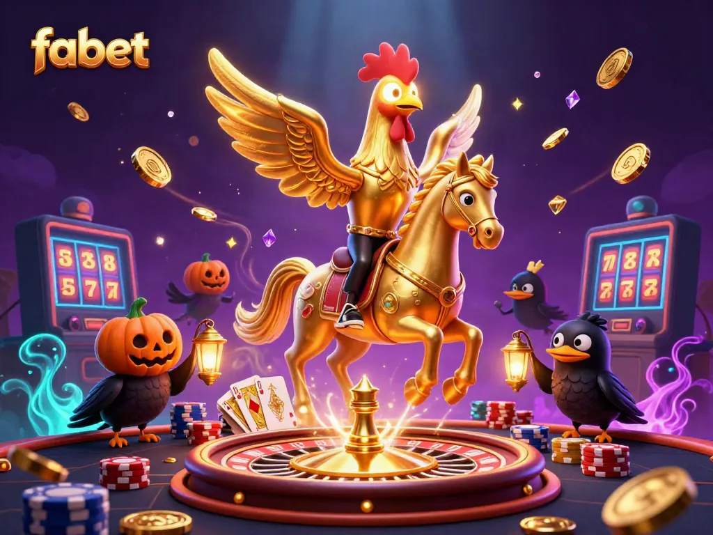 Experience big wins with fabet in a vibrant casino atmosphere, featuring golden rooster and companions.