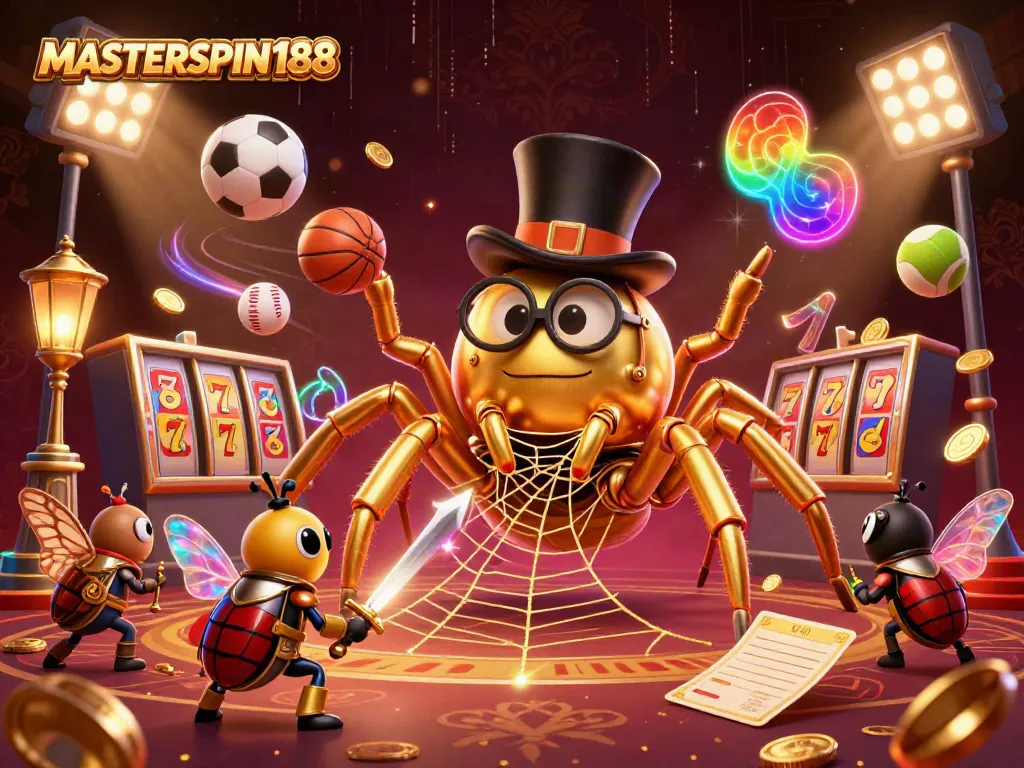 Engage with MASTERSPIN188's exciting slot action featuring a dynamic scene with vibrant casino characters and elements.