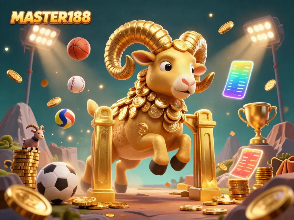 Experience the thrill of winning with MASTER188 in this vibrant 3D illustration featuring golden ram, sports elements, and a festive backdrop.