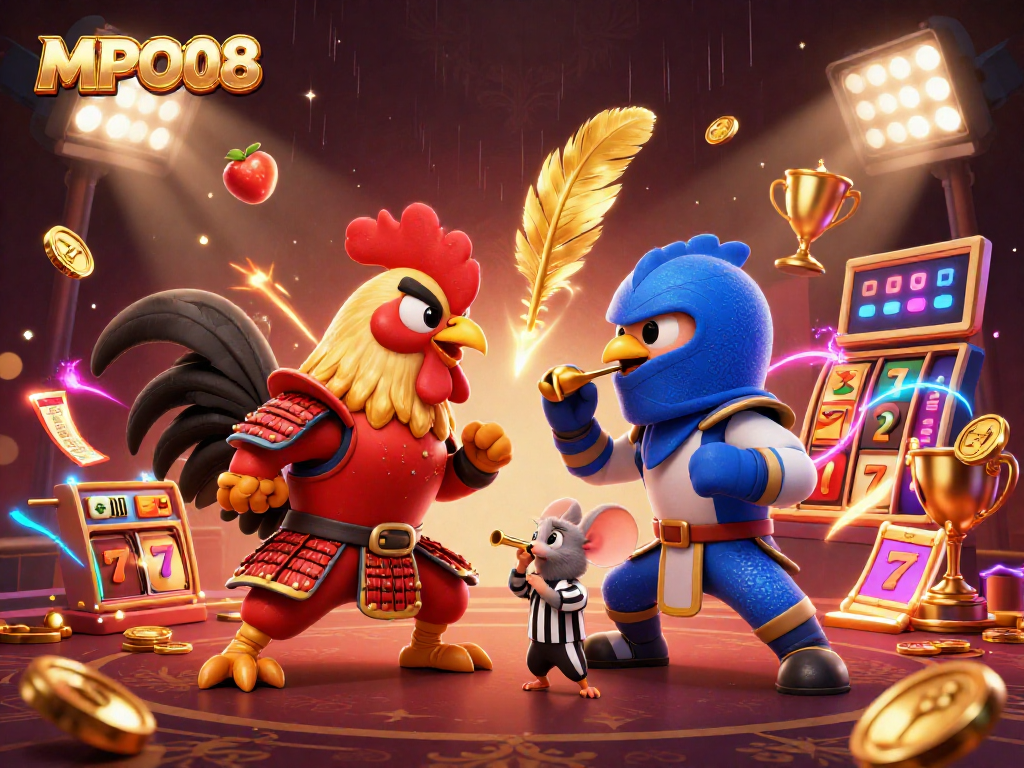 MPO08 showcases an intense standoff between cartoon fighting roosters in a vibrant slot-themed arena