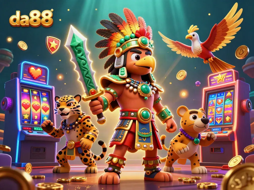 Experience the excitement of da88 with dynamic characters and vibrant slot machines in a captivating scene.