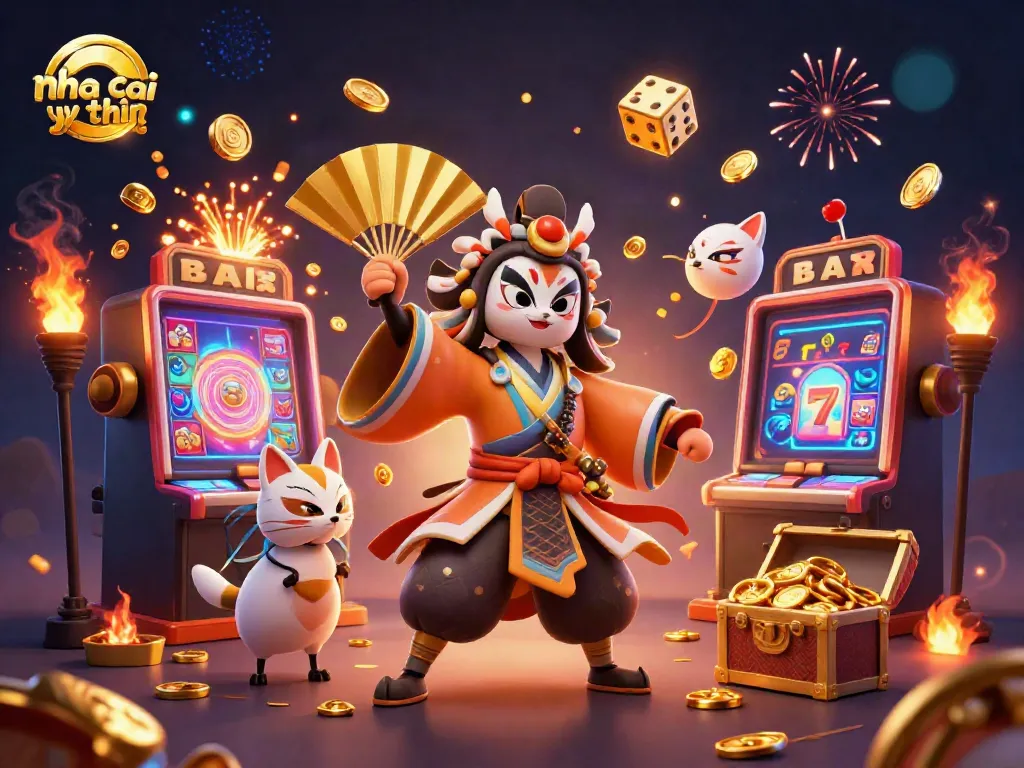 Engaging scene of nha cai uy tin with colorful slots bursting coins and mythical characters