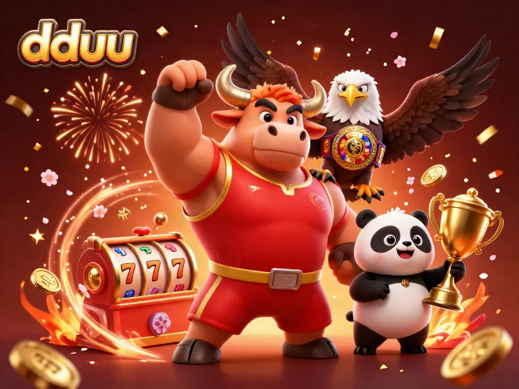Experience the excitement of dduu with vibrant characters celebrating amidst casino symbols and dynamic visuals.