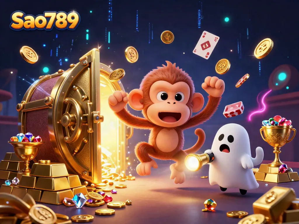 Engage with Sao789 in a thrilling scene featuring a mischievous ghost monkey juggling golden treasures in a haunted casino.