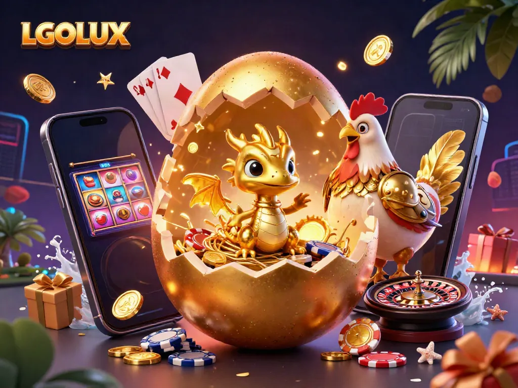Experience the excitement of LGOLUX with a golden dragon guarding poker chips, surrounded by themed gaming elements.