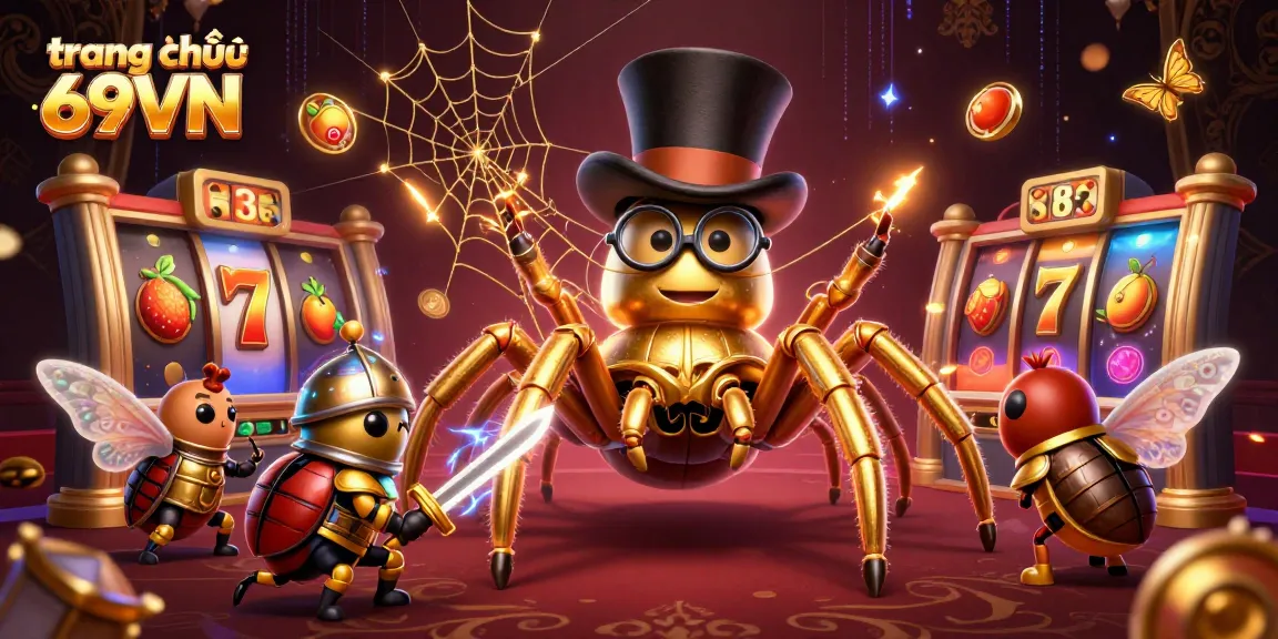 Experience the excitement of gaming at trang chủ 69VN with a vibrant scene of a golden tarantula and gaming elements.