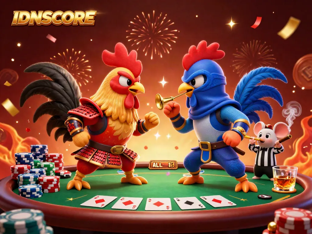 IDNSCORE showcases an epic rooster battle amidst lavish poker elements and vibrant confetti.
