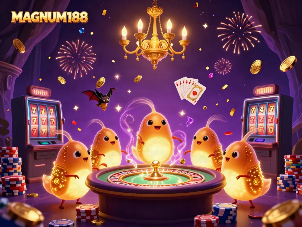 Experience the vibrant magic of MAGNUM188 in a lively casino scene illuminated by glowworms and a bat dealer.