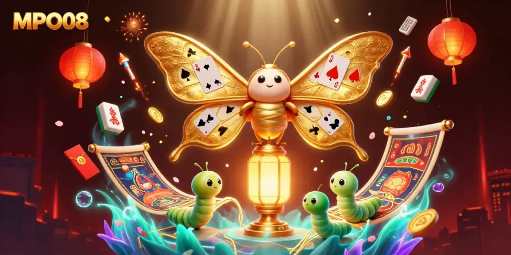 MPO08 showcases a vibrant 3D scene with a majestic atlas moth and casino elements for engaging gaming experiences.
