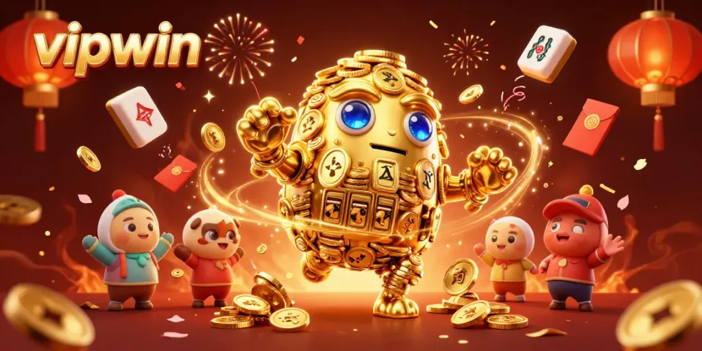 Experience the excitement of vipwin with a vibrant 3D digital casino scene featuring a golden golem and dynamic gaming elements.