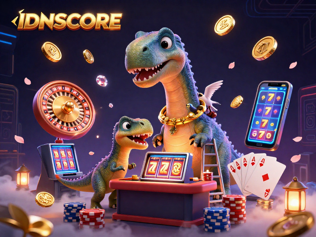 IDNSCORE offers an engaging illustration of casino fun with brontosaurus, raptor, and vibrant elements.