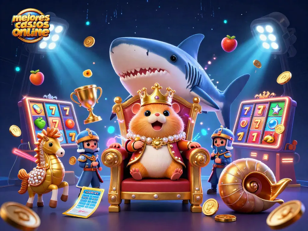 Jugando en los mejores casinos online con un rey hámster y guardias de caballito de mar en un entorno festivo.
