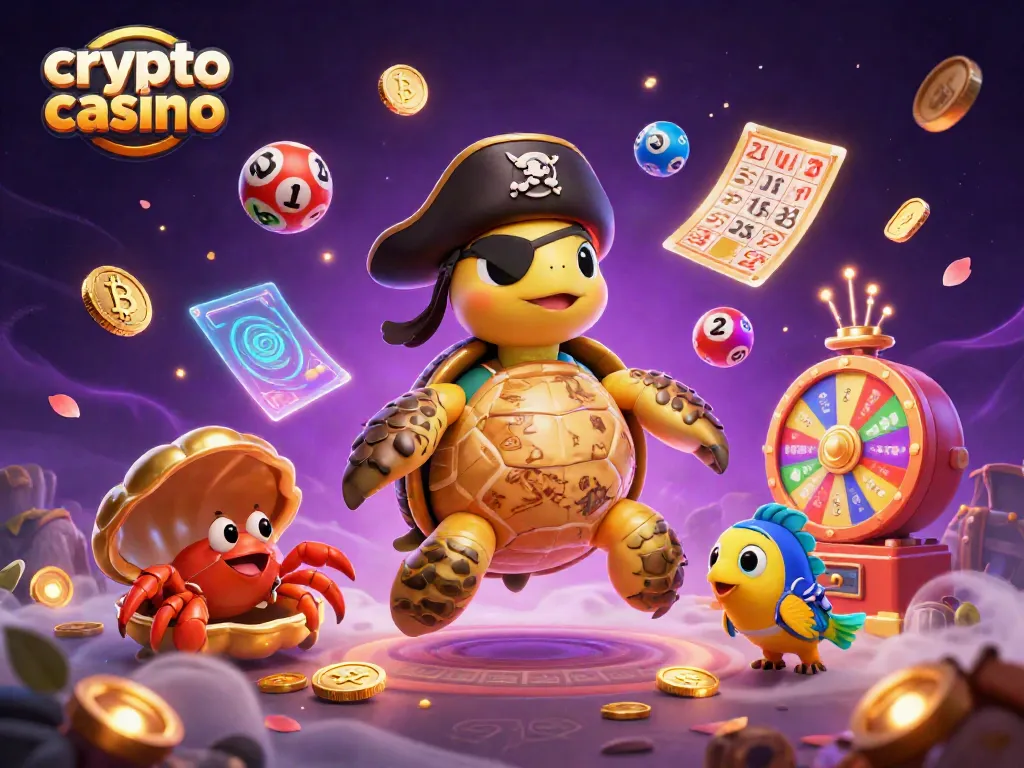 Gioca nel crypto casino con una tartaruga pirata e animali marini sopra tesori, circondato da elementi di gioco.
