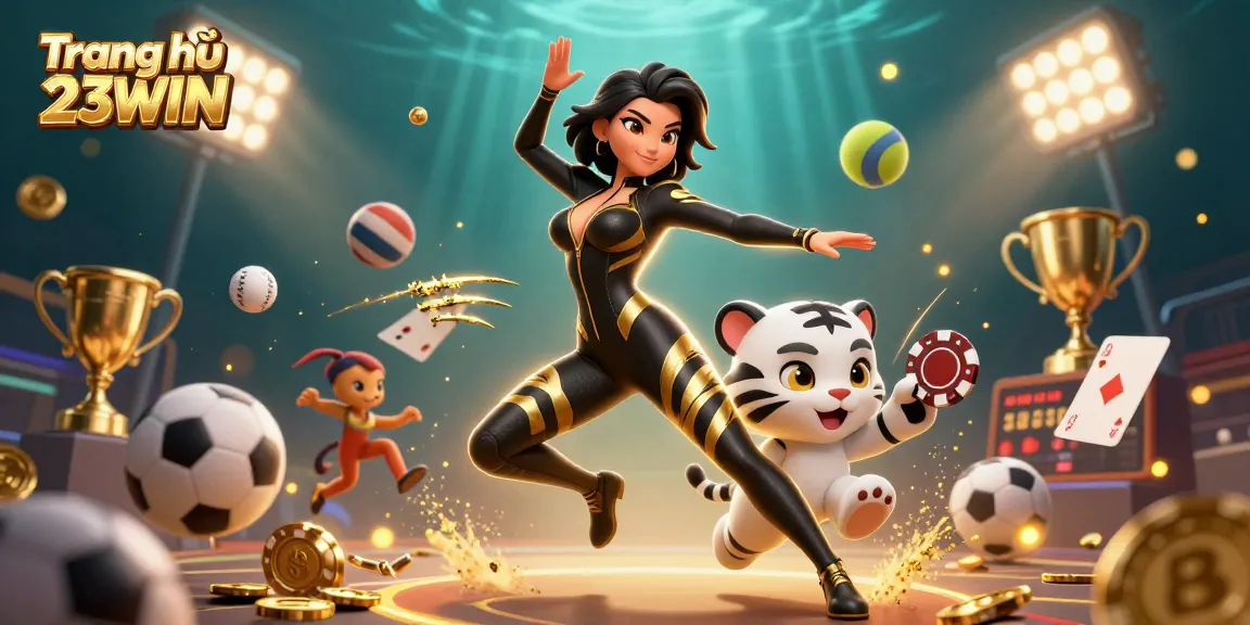 Engage with thrilling gameplay at Trang chủ 23WIN, featuring a stunning scene with a dynamic female character and a playful tiger.