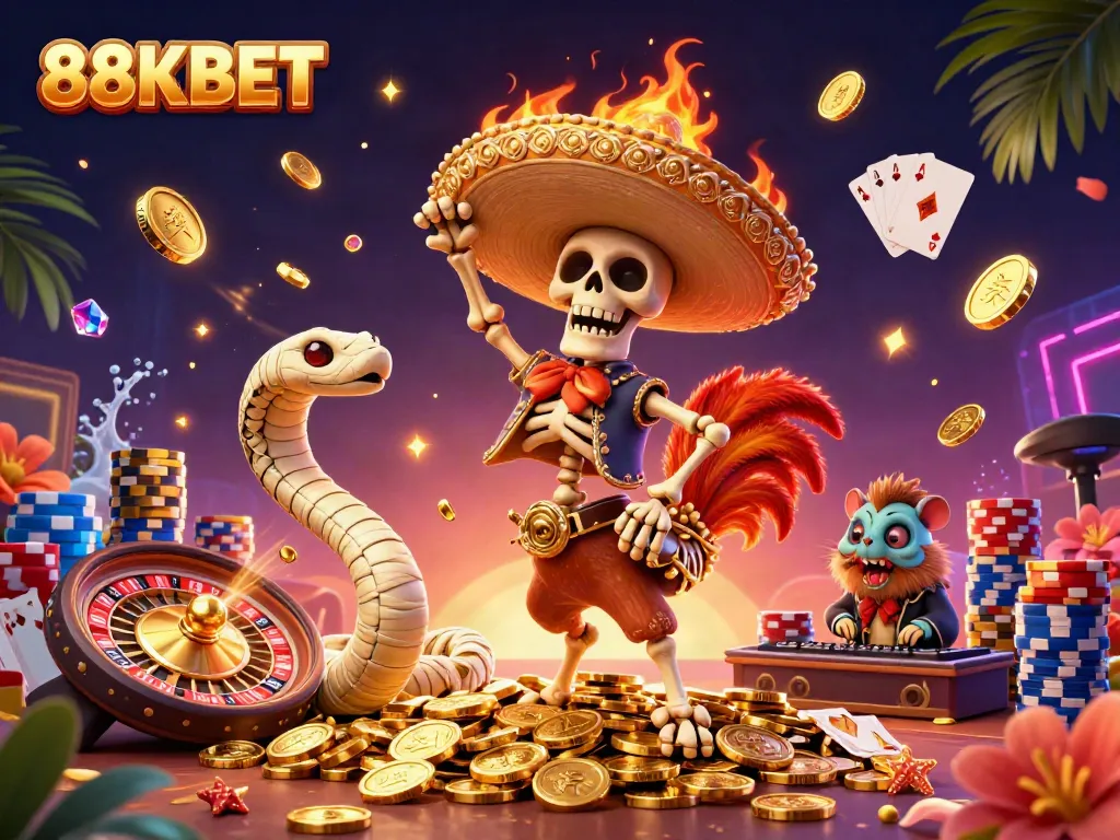 88KBET casino celebration with vibrant characters and rich gaming elements amid golden coins.