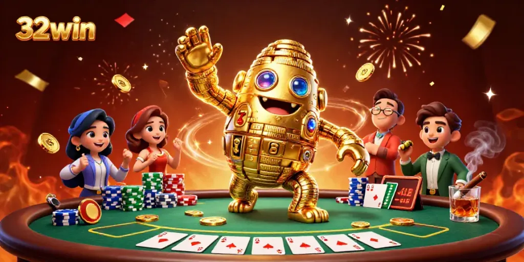 Engage with 32win's captivating golden golem at a lively poker scene with vibrant colors and energy.