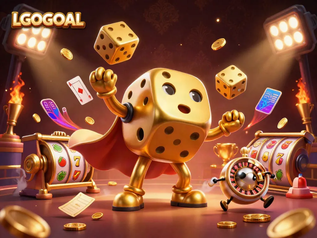 Engage with LGOGOAL's thrilling slots experience featuring a golden dice golem and vibrant casino elements.