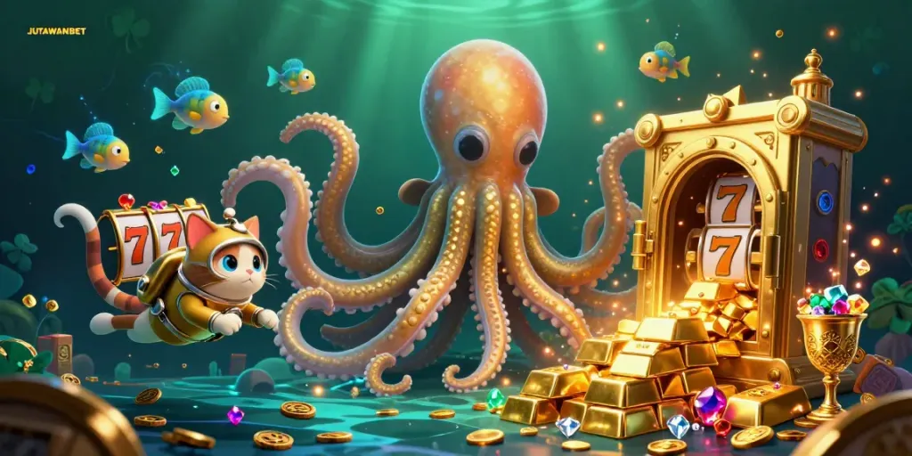 Experience winning thrills with JUTAWANBET as the kraken and cat dive into slots and jewels.
