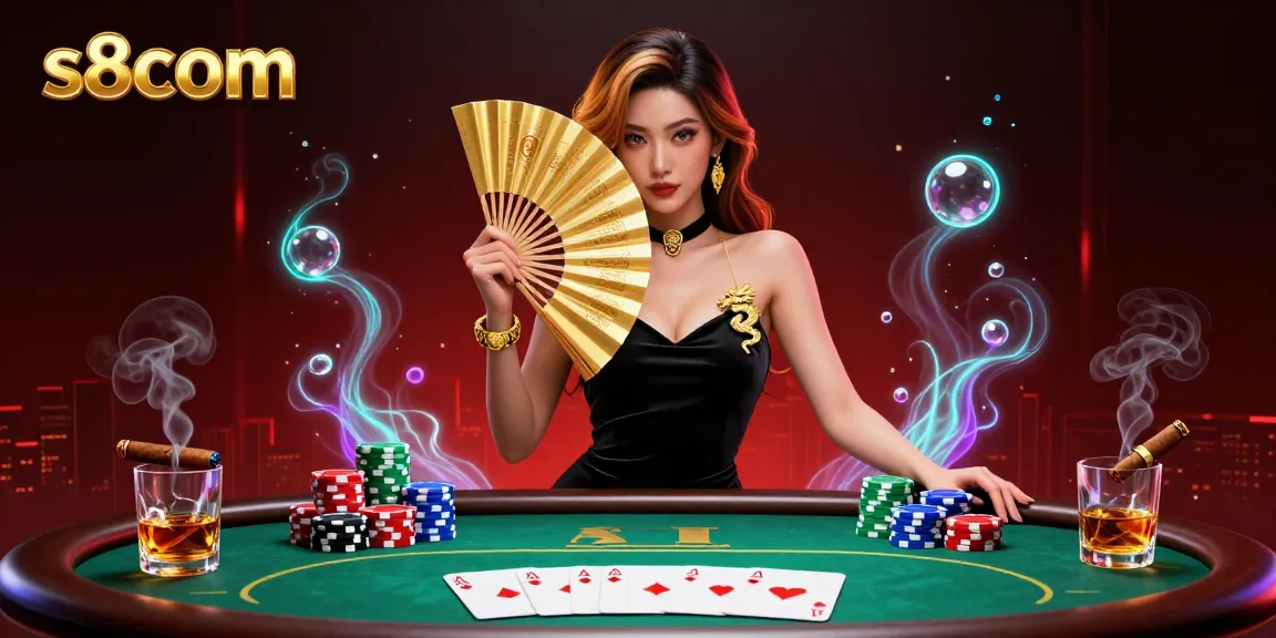 S8com presents a glamorous scene of poker excitement featuring a stunning Asian dealer amid vibrant chips and iconic game elements.