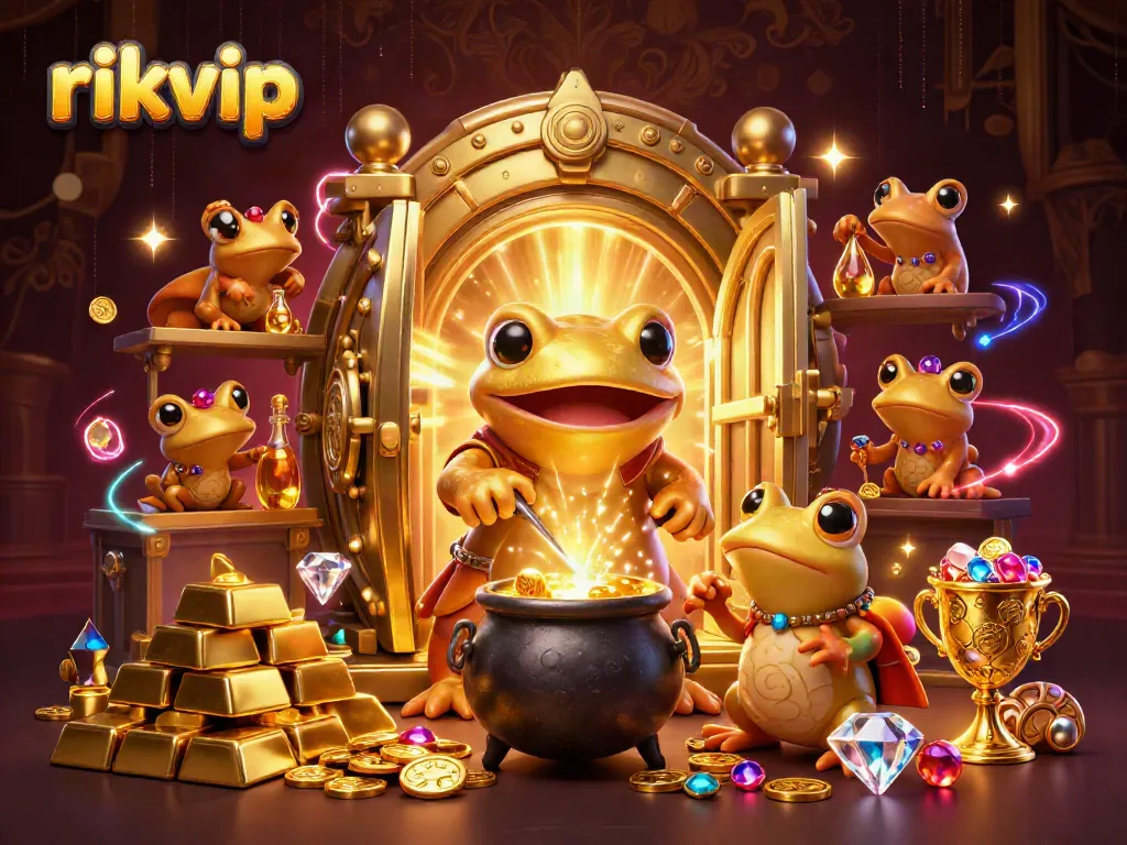 Experience the exciting world of rikvip casino with gold coins and treasures bursting forth in a vibrant illustration.