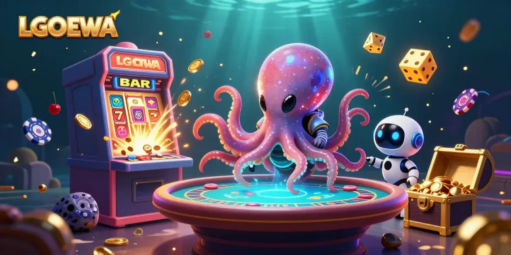 Experience gaming thrills with LGODEWA's vibrant 3D casino galaxy illustration featuring alien poker.