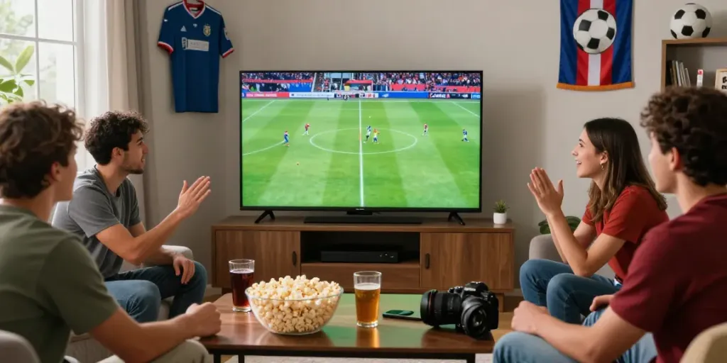 Viewers enjoying a live football match on CakhiaTV in a lively living room setting.