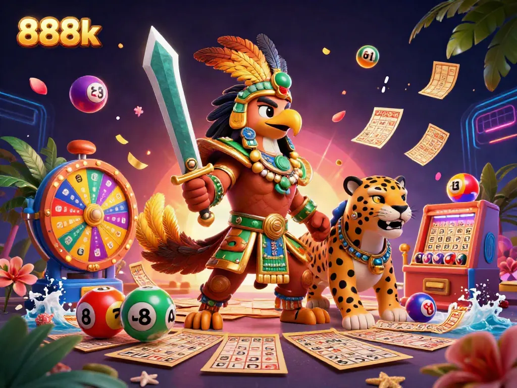 Experience the vibrant atmosphere of 888k, where Aztec warriors meet dynamic casino elements in a lively scene.