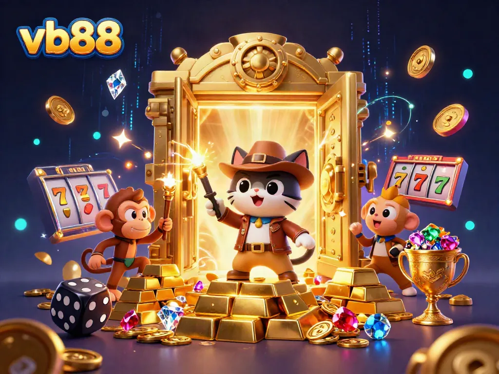 Experience the thrill of vb88 with a cartoon explorer cat and monkey uncovering casino treasures in a vibrant 3D illustration.