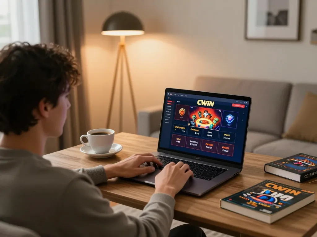 CWIN online gambling setup with player immersed in strategic gaming experience at home