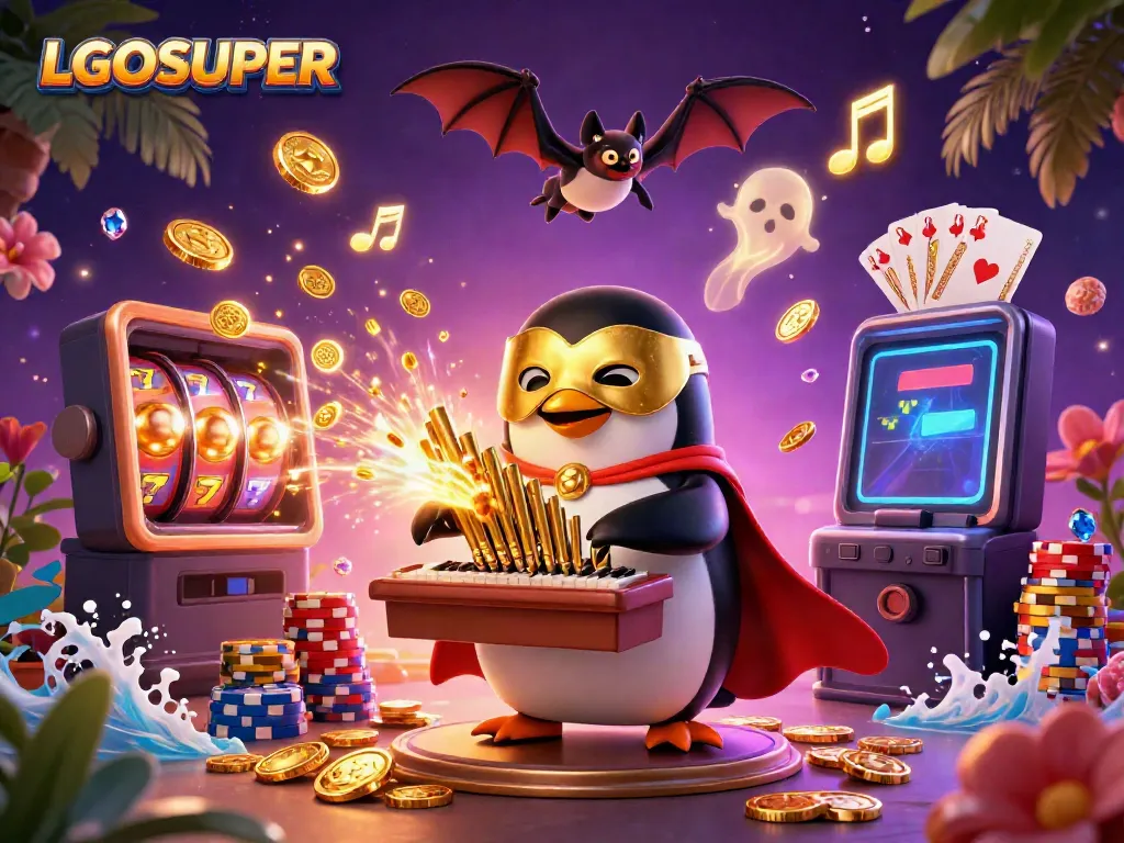 LGOSUPER features an entertaining scene with a cartoon penguin organist and playful casino elements, capturing the thrill of gaming.