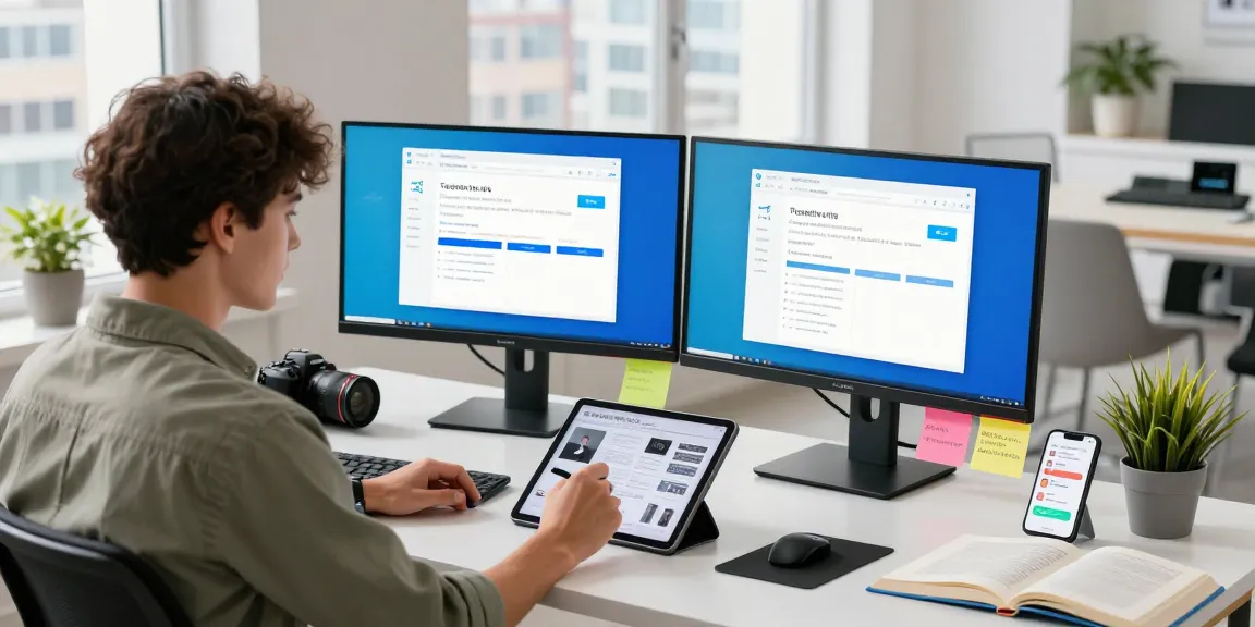 Using Telegram Web Version on a dual monitor setup in a modern workspace.