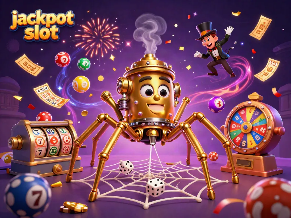 Engaging jackpot slot gaming scene with colorful elements, featuring steampunk spider.