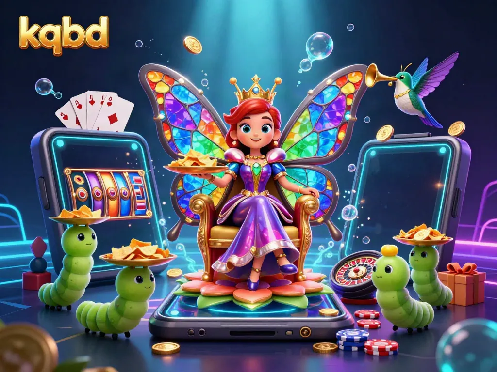 Engage with kqbd, a vibrant arena showcasing a colorful butterfly queen amidst animated casino games.
