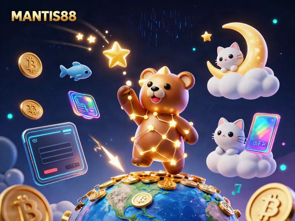 Engage with the MANTIS88 gaming adventure featuring a constellation bear and crypto elements.