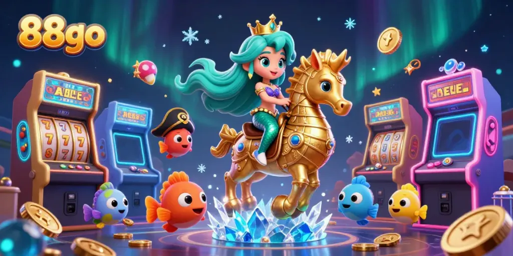 Engage in the enchanting world of 88go with a vibrant casino-themed 3D illustration featuring a mermaid and seahorse.