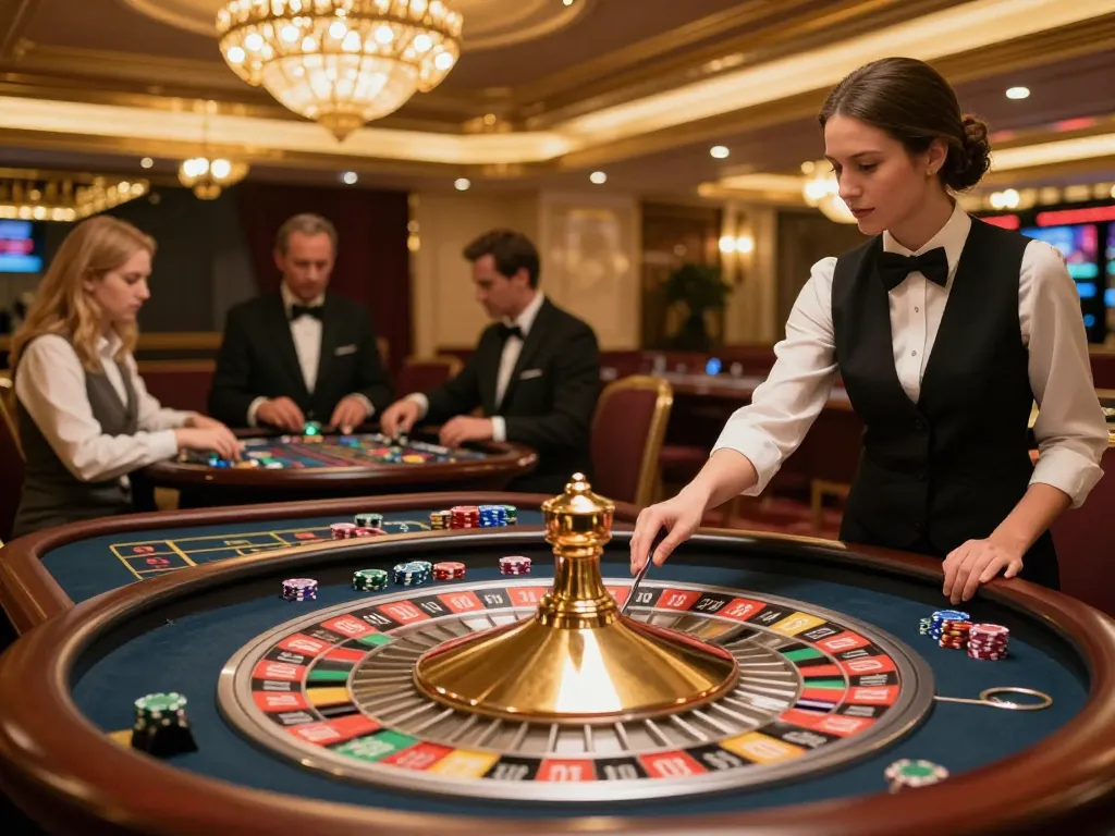 Engaged players witnessing the SC88 roulette wheel spin at an upscale casino, vibrant ambiance enhancing excitement.