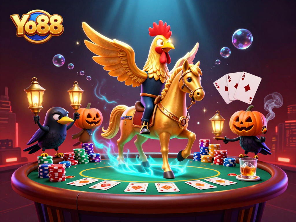 Engage in gaming action with Yo88's vibrant casino scene featuring a golden rooster and poker elements.