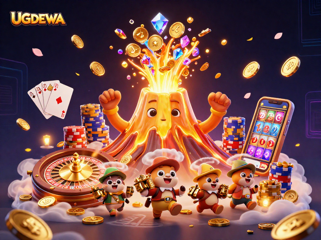 Join UGDEWA's thrilling casino adventure featuring a golden volcano, treasure, and vibrant gaming elements.