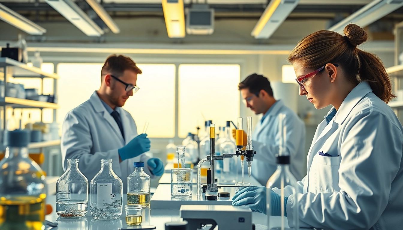 Scientists working on Peptides synthesis in a vibrant laboratory setting.