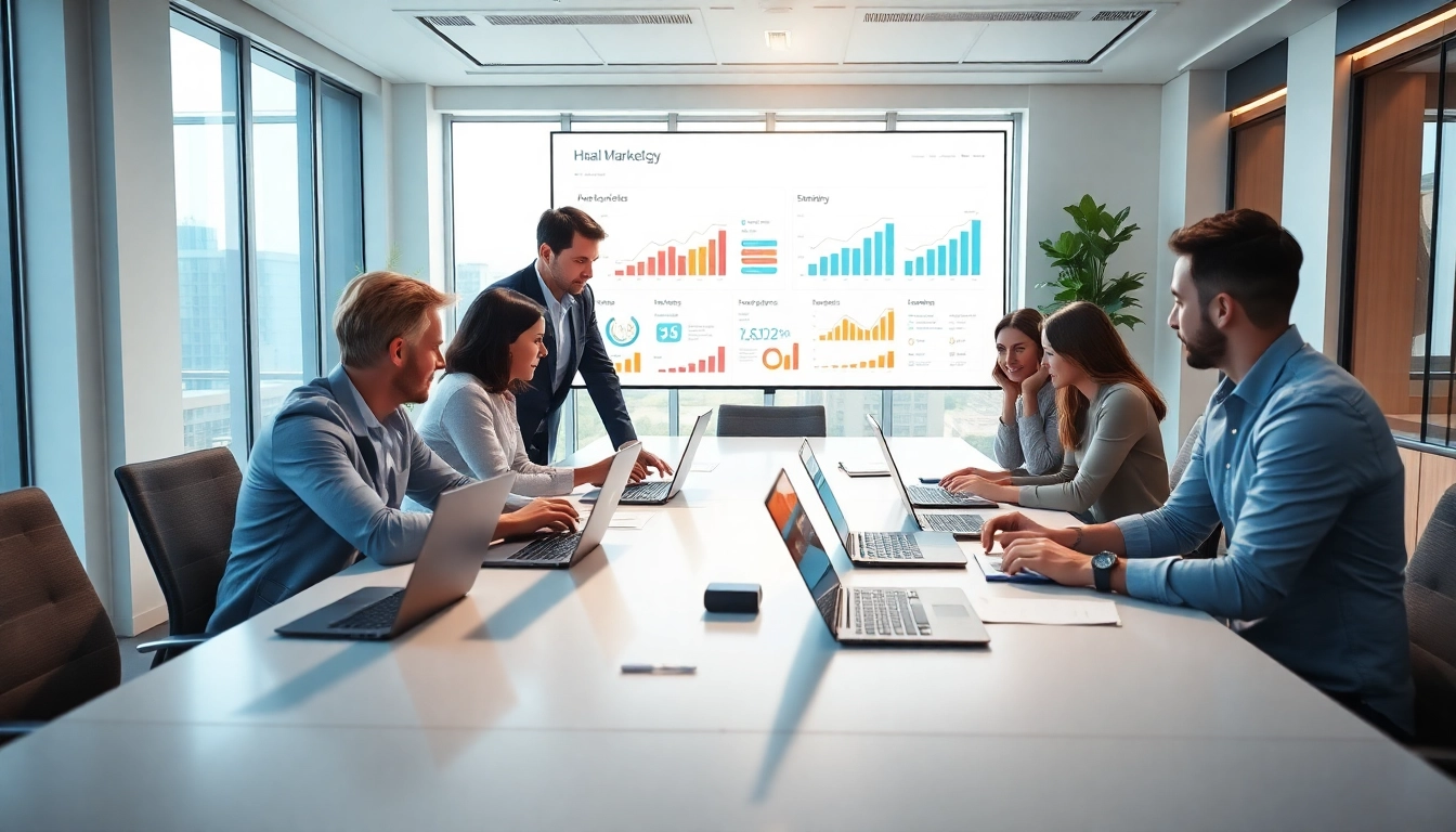 Crafting a hubspot marketing email with a team in a bright, energetic office.