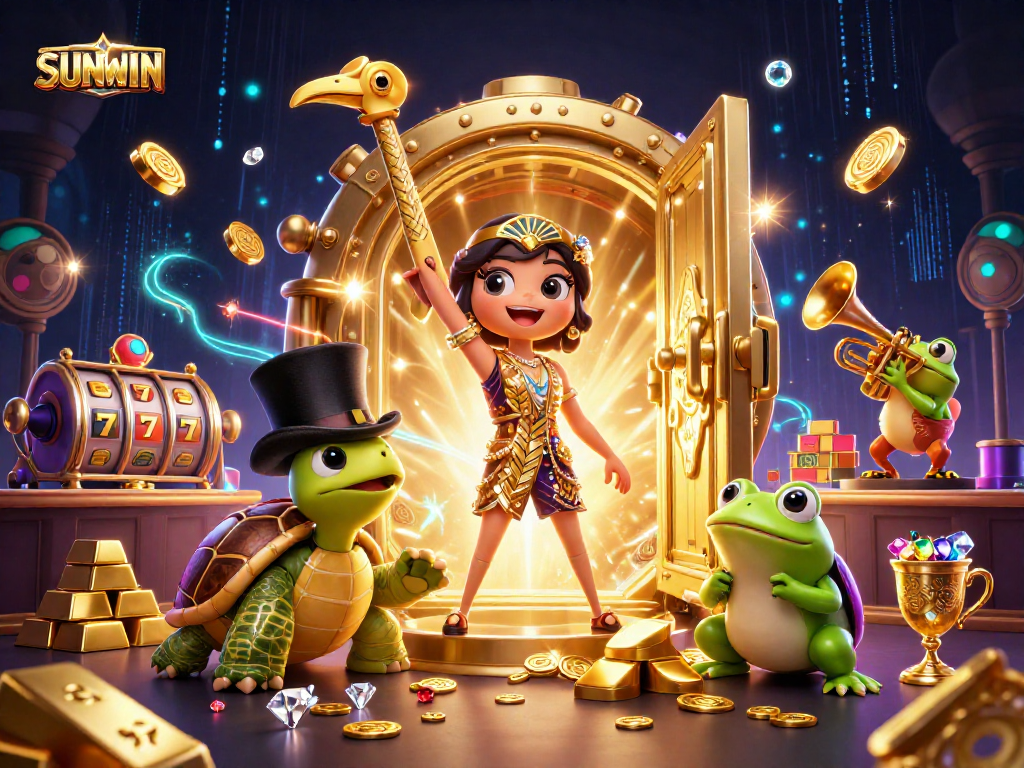 SUNWIN slots scene with a 3D crane, turtle, and frog amidst treasures and flashing reels.