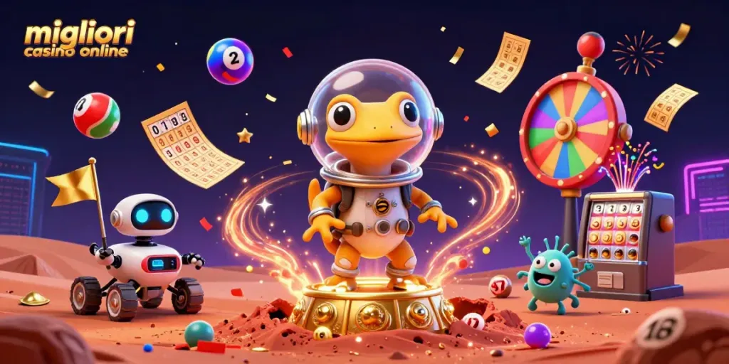 Scopri i migliori casino online in un'illustrazione vibrante, con elementi di gioco avvincenti.